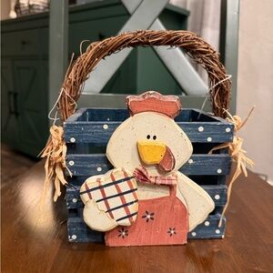 2004 Blue Wooden Basket with Rustic Chicken Accent